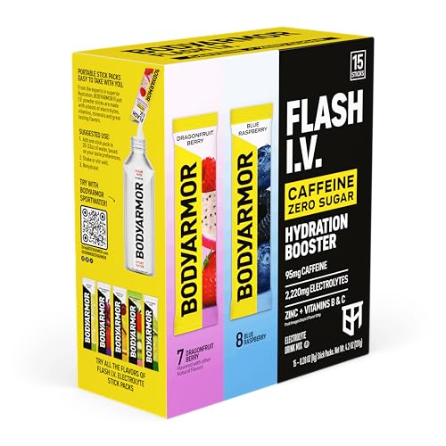 Image of BODYARMOR Caffeinated Flash IV Electrolyte Packets, Blue Raspberry & Dragonfruit Berry Variety Pack, Zero Sugar Energy Drink Mix, Single Serve Packs, Hydration for Pre Workout (15 Count)