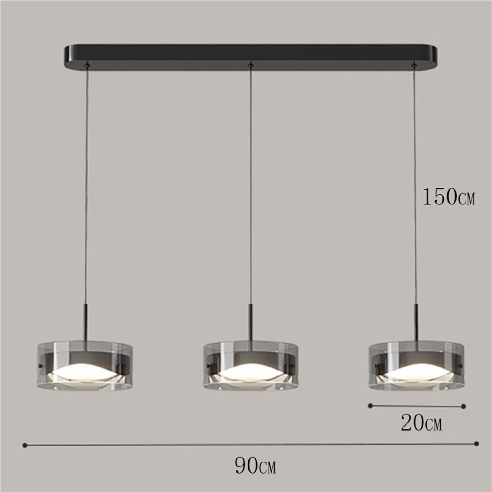 Lampada a Sospensione lineare Moderna a 3 luci con Paralume in Vetro fumé, Base Rettangolare Nera e LED, Ideale per Sala da Pranzo e per Creare un'atmosfera Calda.