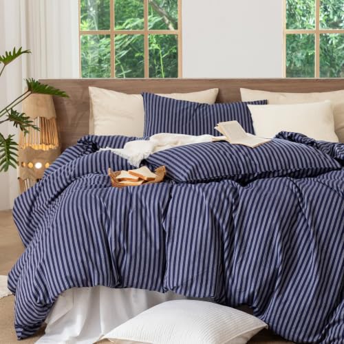 Image of MooMee Striped Duvet Cover Set 100% Washed Cotton Linen Like Queen | Relaxed Linen-like Texture. Soft, Breathable & Long-lasting Comfort. Lightweight. Hidden Zipper with 8 Interior Corner Ties