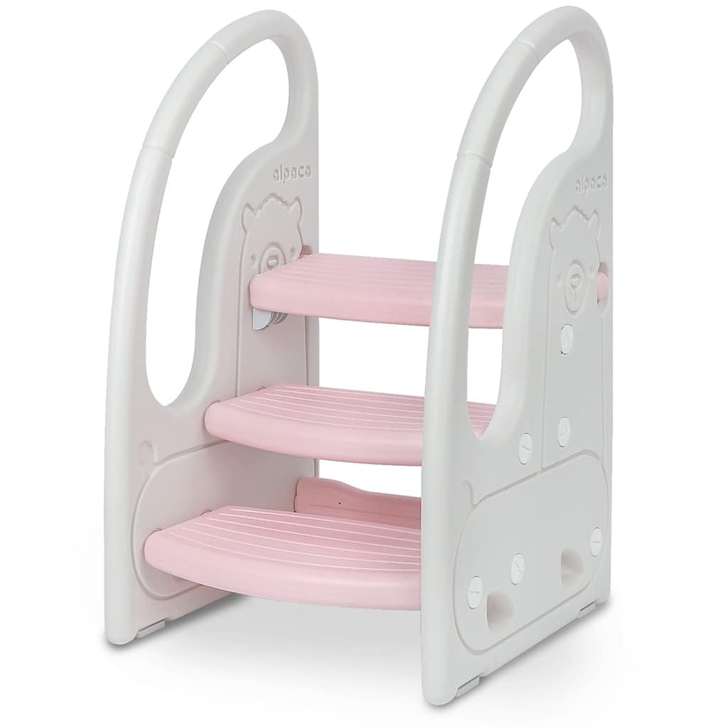 Onasti Pink Step Stool For Kids, 3-Step Height Adjustable Toddler Step Stool, Plastic Learning Tower, Kitchen Helper, Toilet Steps With Handles And Non-Slip Pads, For Counter, Bathroom & Sink (Pink)