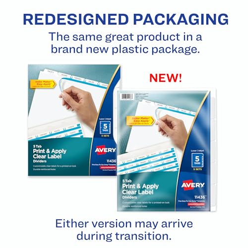 Image of Avery 5 Tab Dividers for 3 Ring Binder, Easy Print & Apply Clear Label Strip, Index Maker Customizable White Tabs, 5 Sets (11436) (Pack of 10)