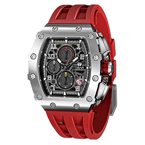 Image of TSAR BOMBA Mens Luxury Watch Watches for Men 50M Waterproof Japanese Quartz Movement Tonneau Stainless Steel Case Sapphire Glass with Chronograph Date Function Cool Unique Fashion Gift