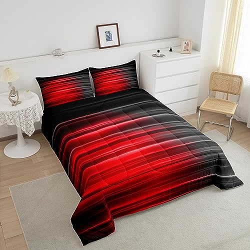 Image of Feelyou Red and Grey Bedding Set Twin, Ombre Gradient Lines Comforter Set for Boys Girls Geometric Abstract Ombre Comforter Stripes Duvet Set 2Pcs