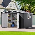 10x8 FT Outdoor Storage Shed, Metal Garden Shed - Tool Storage Sheds with Lockable Doors & 1 Vented Clear Window, Waterproof Outside Storage Building for Backyard, Patio (Black; Floor Not Included)