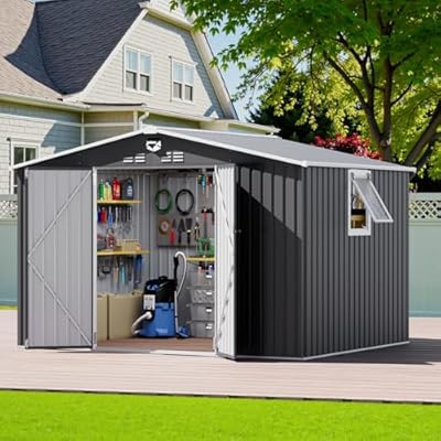 10x8 FT Outdoor Storage Shed, Metal Garden Shed - Tool Storage Sheds with Lockable Doors & 1 Vented Clear Window, Waterproof Outside Storage Building for Backyard, Patio (Black; Floor Not Included)