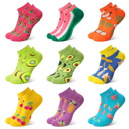 Image of Zuimei 9 Pairs Ladies Trainer Socks 4-7 Funny Colourful Socks Multipack Cotton Ankle Sock with Cute Fruit Patterns 2