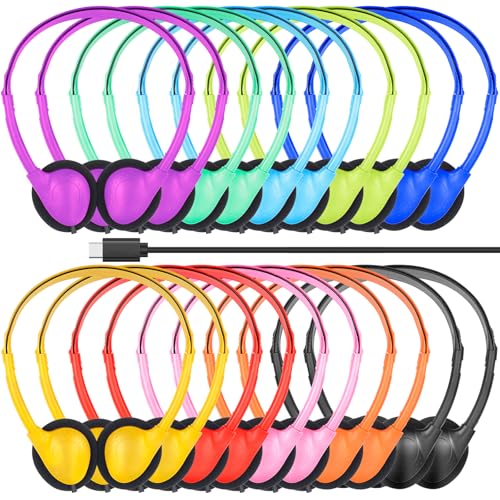 Image of USB Type C Headphones Bulk for Kids Classroom School 20 Pack, On Ear | Wired USB C Headphones for School Student Children Phone Tablet Laptop PC Online Class Meeting Test Mixed Colors
