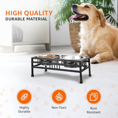 Image of amazon basics, Pet Feeder | Stainless Steel Food & Water Bowls with Iron Stand | Dog Bowls | Elevated Double Diner with Stand | Medium Size (900 ml x 2 Bowl) (Black)