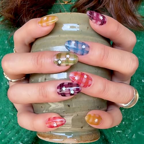 Vibrant Plaid Press on Nails Medium Almond Fake Nails Cute Nails Press ons with Watercolor Plaids Design,Reusable Artificial Nail Full Cover Stick on Nails for Women Manicure 24Pcs
