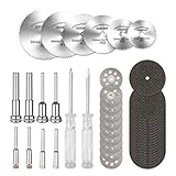 【Lieferumfang】Die Sägeblatt sind gut vorgeölt, was sich positiv auf die Haltbarkeit auswirken sollte. Der Werkzeugsatz für rotierende Trennscheiben enthält 10 Diamanttrennscheiben mit 2 Stk. 1/8 '' Schaftdornen, 6 HSS-Trennscheiben mit 2 Stk. 1/4 '' Schaft und 2 Stk. 1/8 '' Schaft, 20 Harztrennscheiben passen mit 2 Stk. 1/8 '' Dornen zusammen, 2 Stk.Schraubendreher.