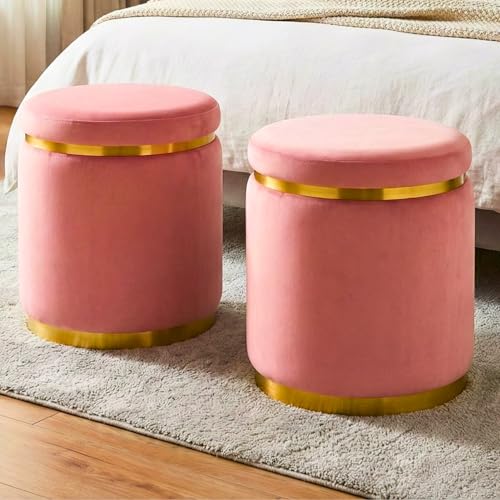 Image of Decorative Ottoman Pouffes for Sitting - Two-Piece Set of Puffy Stools and Footstools - Round Ottoman Stool for Living Room Furniture (Pink)