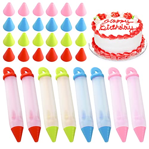 WXJ13 8 Pieces Cake Decorating Pens Kit, Cake Icing Pen Silicone Food Writing Pen with 4 Patterns of Icing Piping Tips Baking Decorating Pens for DIY Cake Icing Baking (4 Colors)