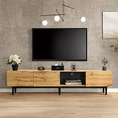 Merax TV-Schrank mit LED-Leuchten, Moderner TV Lowboard mit Holzmaserung, Fernsehtisch mit 3 Schränken, Industrie-Design, 175 x 31 x 41 cm, Helle Eiche