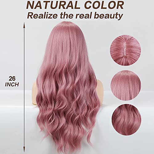 Esmee 26 Inches Long Pink Wig With Bangs Natural Synthetic Hair Wavy Wigs For Women Daily Party Cosplay Wear #TOP3