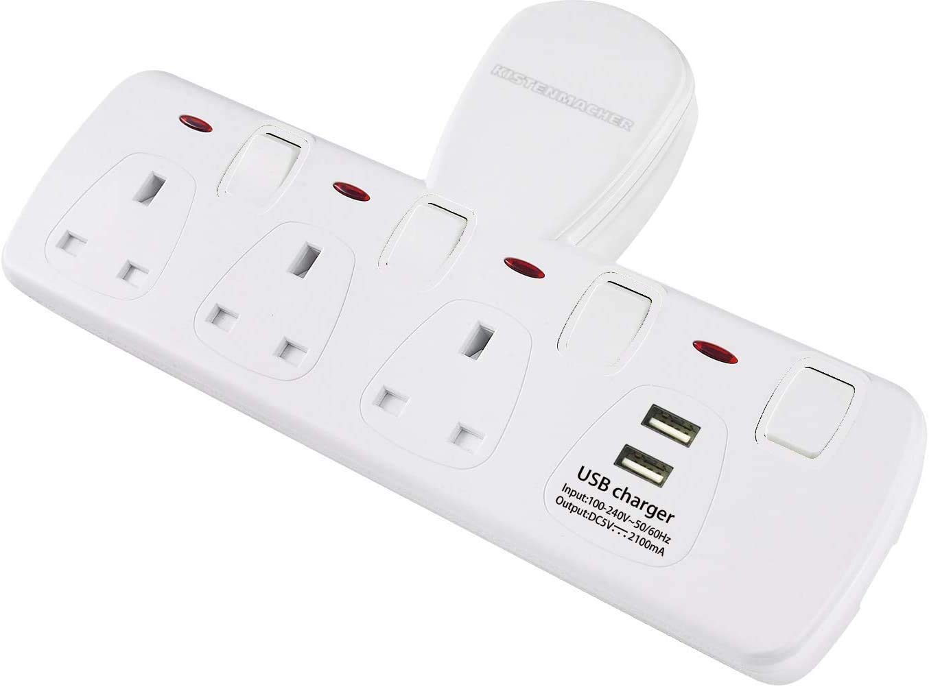 KISTENMACHEREGK603BU 5V 3-Way BS Wall Socket Adapter with Dual USB, White