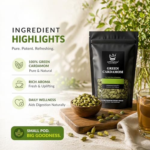 Image of ArtOspices Whole Green Cardamom (Elaichi) 500g | 8mm+ Kerala Cardamom Pods | Export Quality Spices | High Natural Oil Content | No Added Colour | Premium Cardamom for Cooking, Chai & Desserts