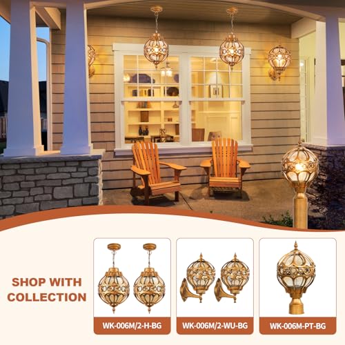 Gold Globe Outdoor Pendant Lights for Porch Entryway Hallway, Vintage Exterior Aluminum Waterproof Hanging Light Fixtures, Outside Ceiling Hanging Lamp with Round Amber Glass