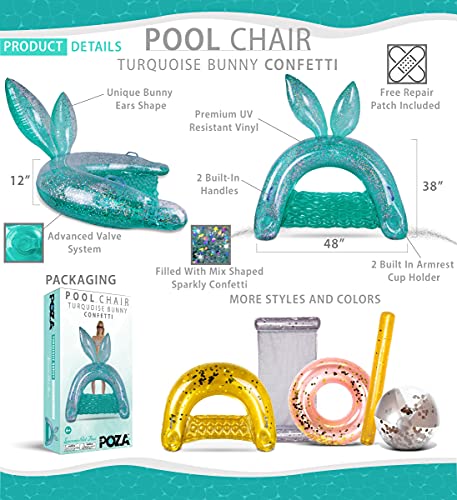 Poza Inflatable Bunny Pool Float Chair - Sparkle Confetti Lounge Inflatable Pool Floats, 2 Built In Cup Holders And Handles, Bunny Ears Inflatable Pool Lounger Floating Chair - 48X38 Inch, Turquoise #TOP1