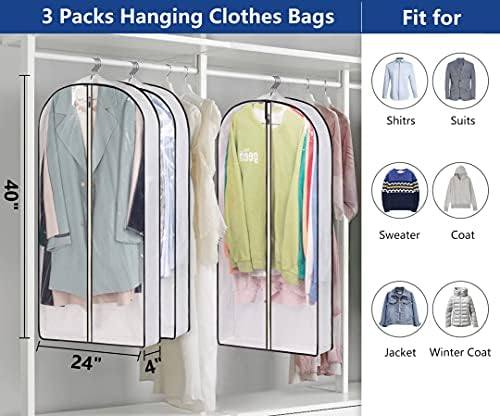 MISSLO 40" Hanging Garment Bags for wardrobe Storage Suit Bag 4" Gusseted Clear Clothes Cover for Coat, Shirt, Jacket, Sweater Carrier (3 Packs)