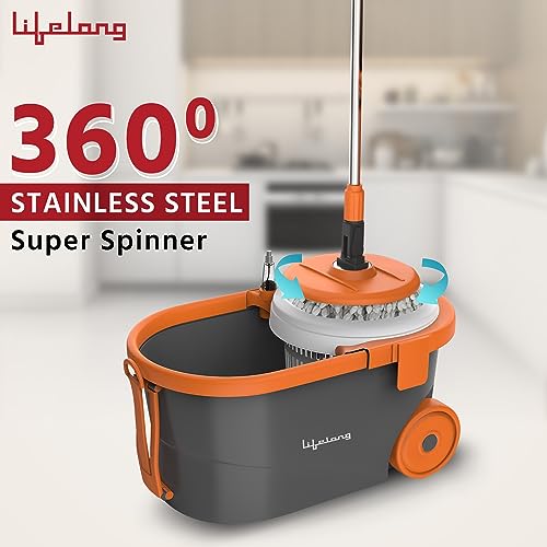 Lifelong 12L Spin Floor Mop Set with Bucket with 360 Degree Spinner, Floor Cleaning & Mopping System, Microfiber Refills (Orange, LLMOP901)