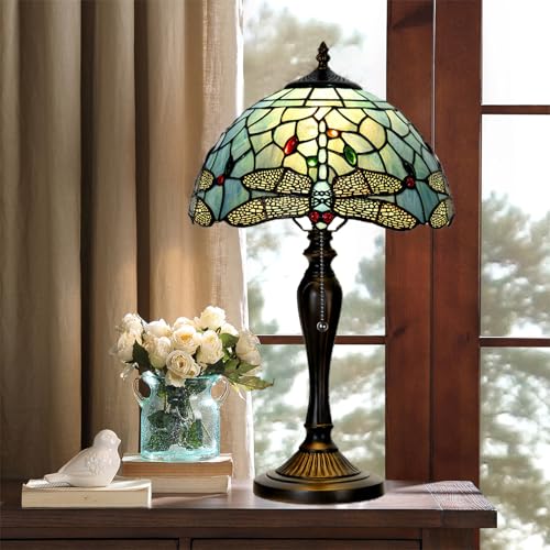 Image of TL0023 Tiffany Style Dragonfly Table Lamp Stained Glass Blue Shade Reading Desk Light 12 X 20 Inches for Bedroom Living Room Home Office, Vintage Handcrafted Accent Decor, LED Blub Included