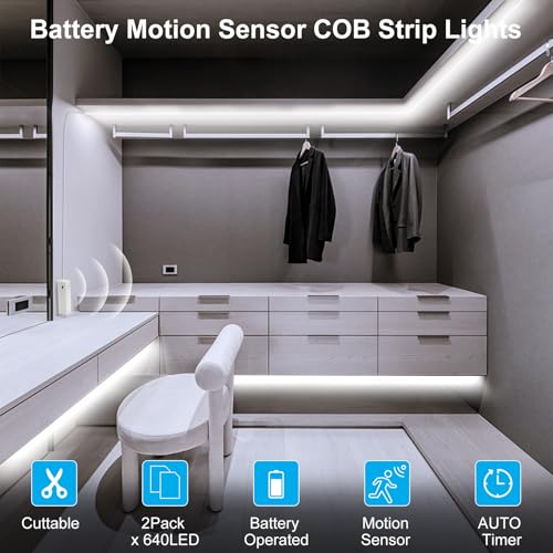 DBFAIRY Pacote com 2 tiras de luz COB com sensor de movimento operado por bateria, 6,6 m, 640 luzes