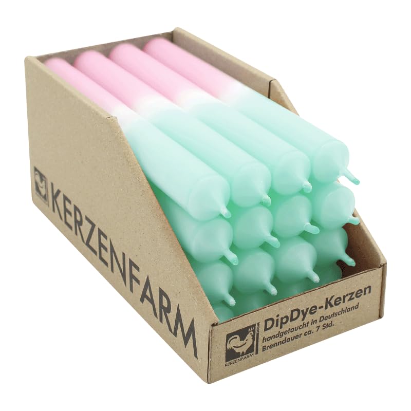 luterna DIP DYE Stabkerzen aus Paraffin, 180/22 mm, Mint-Pastellaltrosa, KERZENFARM HAHN, Brenndauer ca. 7h, 16 Stück pro Verpackung