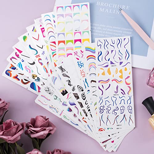 Hinzic 16 Sheets Stripes Nail Art Stickers 48 Styles Water Transfer Nail Stickers Heart Wave Rainbow Nail Decals For Nail Art Watermark Geometric Nail Art For Acrylic Nails Valentines Day Gift For Women French Nail Design #TOP6