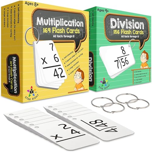 Star Right 325 Math Flash Cards - Multiplication and Division Flash Cards with 4 Metal Rings - Hole-Punched Math Flashcards for 3rd to 6th Grades - Ideal Math Game Practice Tool - 6.4 x 1.8 Inches