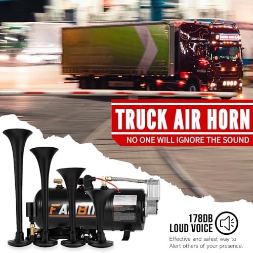 Image of FARBIN 178DB Four Trumpet Horns Super Loud Air Horns with 150 PSI Air Tank Train Horn Kit for Truck with 12V Air Compressor Can for Truck Jeep SUV Train Metal (0.8 gal 12V Black Parallel Air Horn Kit)