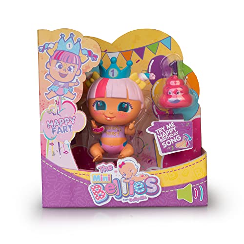 The Bellies from Bellieville - Mini Bellie Happy Fart, muñeca bebé de cumpleaños, tamaño pequeño, se Tira pedetes, con una Tarta de Accesorio, para niños y niñas Desde 3 años, Famosa (BEE04000)