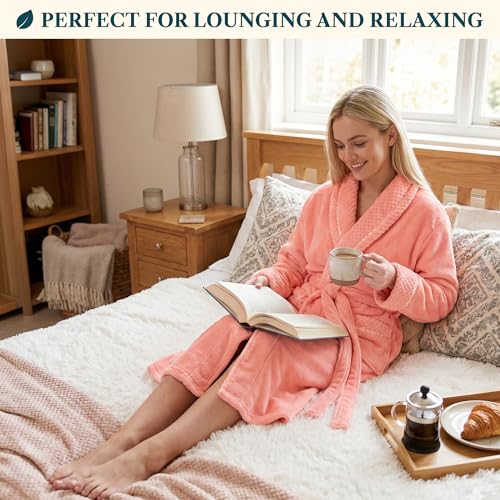 Image of PAVILIA Women's Plush Fleece Robe, Soft Cozy Long Bathrobe with Satin Waffle Trim, Warm Lightweight, Pockets & Tie Belt