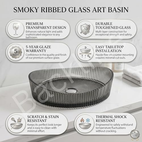 Image of B Backline Glass Basin For Bathroom | Transparent 100% Pure Glass Basin | Premium Table Top Countertop Wash Basin | Toughened Glass Design | 7-Year Warranty | Size: 50 x 37 x 14 cm (Black)
