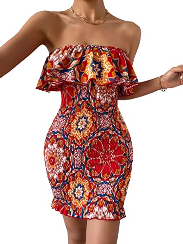OYOANGLE Women's Ruffle Corset Tube Strapless Dress Bodycon Boho Club Short Dress Red Print S