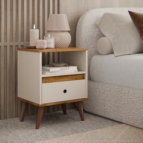 Conjunto 2 mesa de cabeceira retro pés palito -Ted- (Off White/Nature)