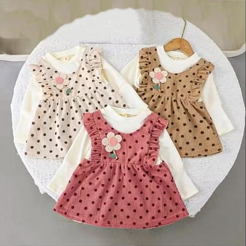 Image of Bold N Elegant Baby Girls Cute Polka Dot Corduroy Long Sleeve Pinafore Dress for Infant Toddler Baby Girls