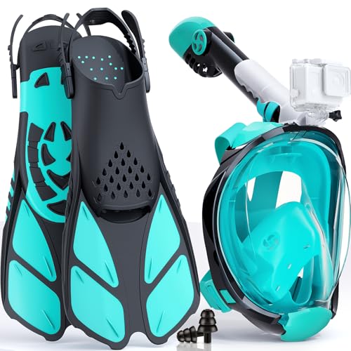 Lealinga Tauchmaske Vollgesichtsmske mit flossen, Schnorchelmaske Erwachsene, Vollmaske Müheloses Atmen, Kein Beschlagen, Kein Eindringen von Wasser, 180°Sichtfeld und Kamerahaltung