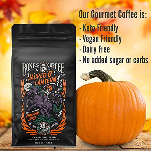 Bones Coffee Company Flavored Coffee Beans, Jacked 'O' Lantern Pumpkin Spice Whole Bean Coffee for Cold Brew Coffee, Low Acid Medium Roast Gourmet Coffee Beans (Whole Bean)