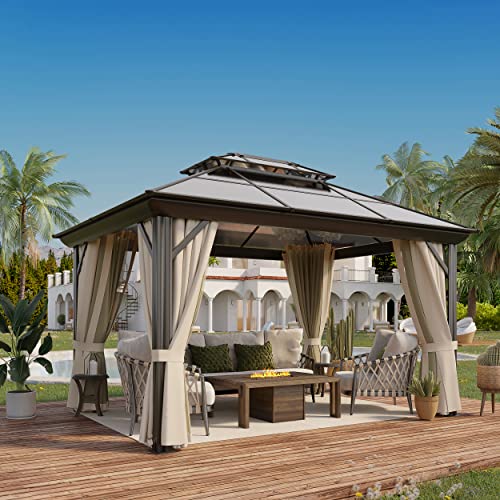 Gazebest 10'X13' Hardtop Gazebo Outdoor Polycarbonate Double Roof Patio Gazebo Aluminum Frame Gazebo Canopy With Netting And Curtains,For Garden Patio,Patio Backyard,Deck And Lawns #TOP14