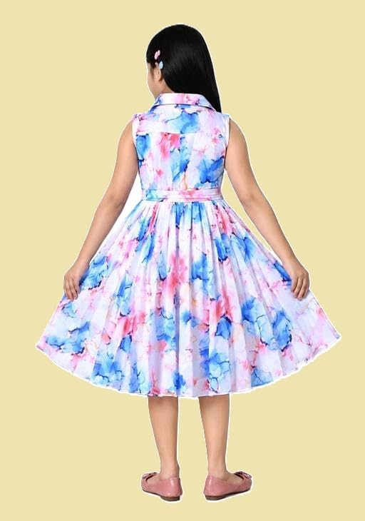 Image of Girls Chiffon Frock | Multicolor Embellished A-Line Dress | Sleeveless Shirt Collar | Casual Kids Dress