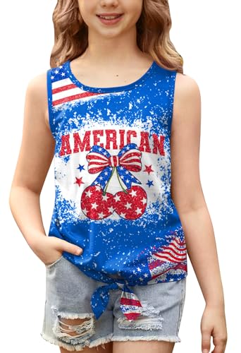 Image of July 4th Girls Patriotic Sleeveless Tie Knot Front Tank Top Stars Stripes Tee Shirt 4-14 Years