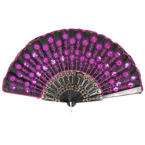 INNOLIFE Elegant Colorful Embroidered Flower Peacock Pattern Sequin Fabric Folding Handheld Hand Fan Hand-crafted (B-Magenta)