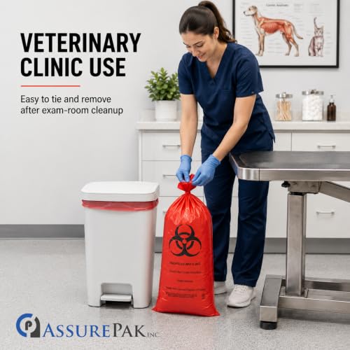 Image of ASSUREPAK Red Hazardous Waste Bags, 10 inch x 4 inch x 24 inch, 1.4 Mil, 200 Count, Biohazard Disposal Bags for Clinics, Labs, Dental Offices, Tattoo Studios & Veterinary Use - HAZWASTELD10424