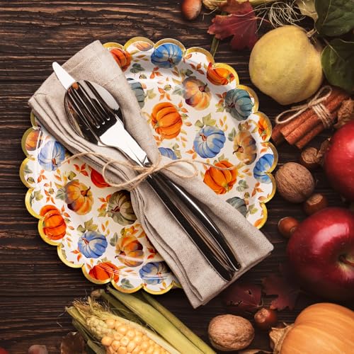 Image of Confettiville Thanksgiving Paper Plates, 50-Count Fall-Themed Decorative Disposable Serving Plates, Pale Apricot, Gold Foil Scalloped Edge, 9 Inches