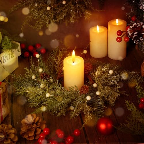 Image of 24 PCS Christmas Wreath Candle Rings Mini Wreath Pine Garland Artificial Frosted Cedar and Pine Cone Candle Rings Holder for Christmas Wedding Home Table Centerpiece Door Window Chair Wall