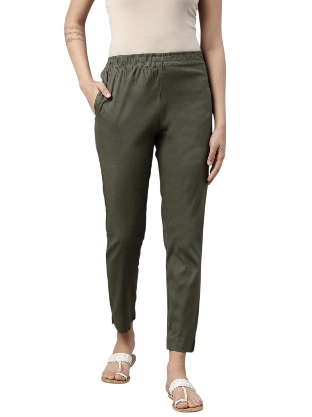 ceyo MINELLI Women Solid Cigar Pants, Cotton Lycra Slub Fabric, Elasticated Waistband, Pull On Style, Regular Fit Bottom Wear for Western and Ethnic Wear-picture-32