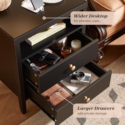 Image of Huuger Nightstand with Charging Station, Black Nightstand with 2 Drawers
