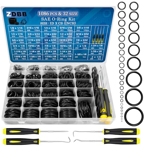ZDBB 1086 Pcs SAE Standard O Ring Kit Nitrile Rubber O-Rings Assortment with O&lsquo;Ring Pick for...