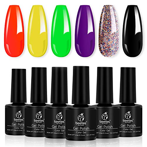 Beetles Halloween Trick or Treat Gel Nail Polish Set, 6 Pcs Black Glitter Gel Polish Yellow Blood Red Nail Polish Gel Kit Halloween Decorations Art Design Gift Box, 7.3 ml Each Bottle