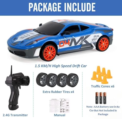 Image of Rc Drift Remote Control Car 1:24 Scale, High-Speed, 4Wd, Lights, Battery Racing Car, Drifting Tires, 2.4Ghz, for Kids (RC Drift II - Blue)